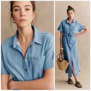Sezane Dora Dress Denim Blue Midi Size 40 US 8